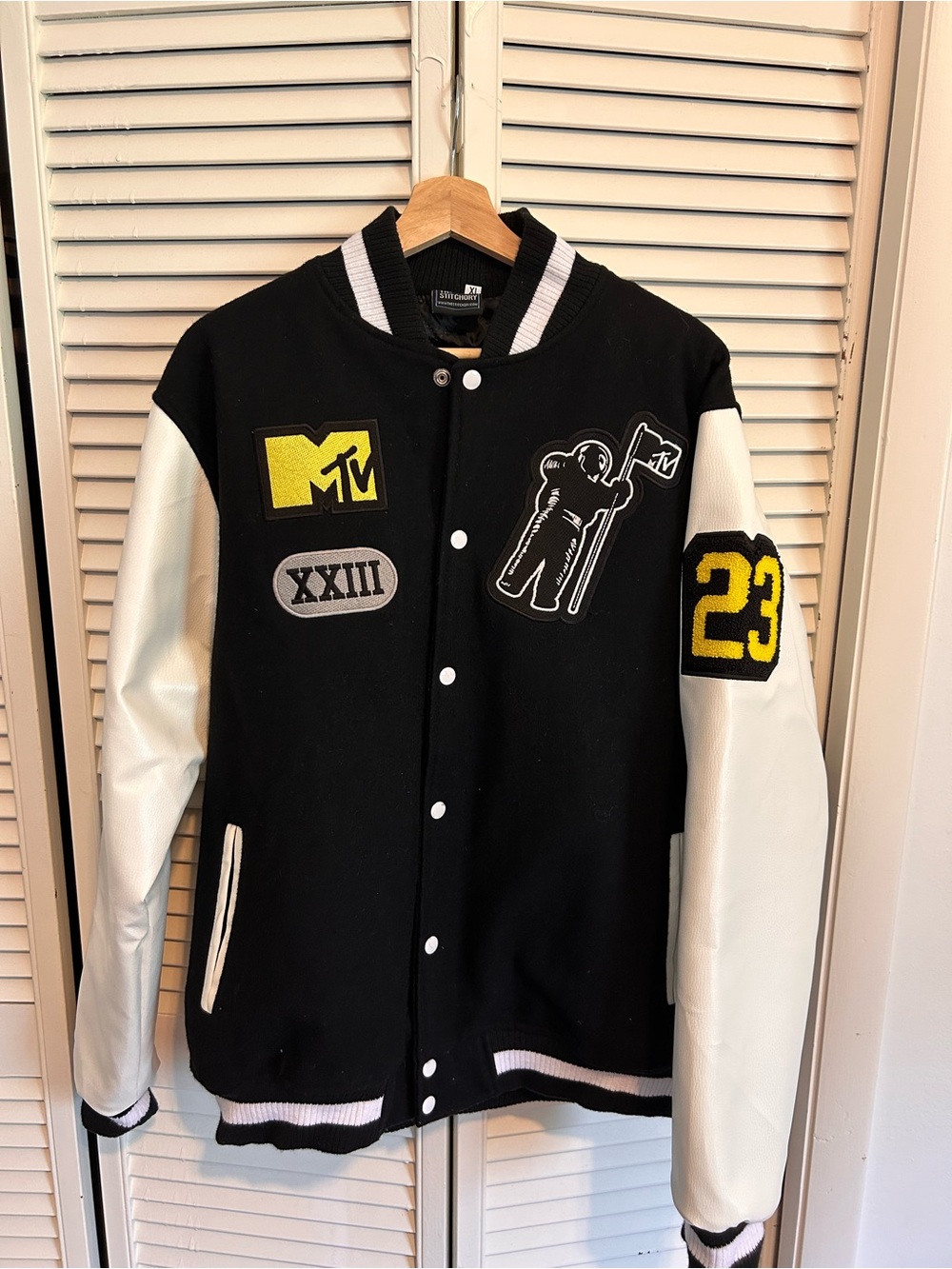 MTV Black & White Varsity Bomber Jacket with Yellow Details